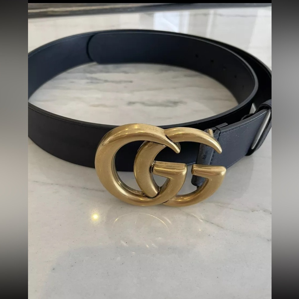 Gucci Belt Men Black Leather Gold Buckle Size 40